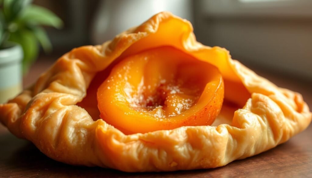 A golden-brown puff pastry shell, its flaky layers parted to reveal a succulent, glistening peach filling. The fruit's lush, sunset-hued flesh is perfectly ripe, its juices mingling with a dusting of sugar and a hint of warm spice. Soft light filters through a kitchen window, casting a gentle glow on the delicate creation. The pastry's crisp edges curl invitingly, promising a satisfying crunch that gives way to the tender, sweet center. This classic peach turnover, a testament to the versatility of store-bought puff pastry, is a timeless delight, ready to be savored as part of an elegant dessert spread. A golden-brown puff pastry shell, its flaky layers parted to reveal a succulent, glistening peach filling. The fruit's lush, sunset-hued flesh is perfectly ripe, its juices mingling with a dusting of sugar and a hint of warm spice. Soft light filters through a kitchen window, casting a gentle glow on the delicate creation. The pastry's crisp edges curl invitingly, promising a satisfying crunch that gives way to the tender, sweet center. This classic peach turnover, a testament to the versatility of store-bought puff pastry, is a timeless delight, ready to be savored as part of an elegant dessert spread.
