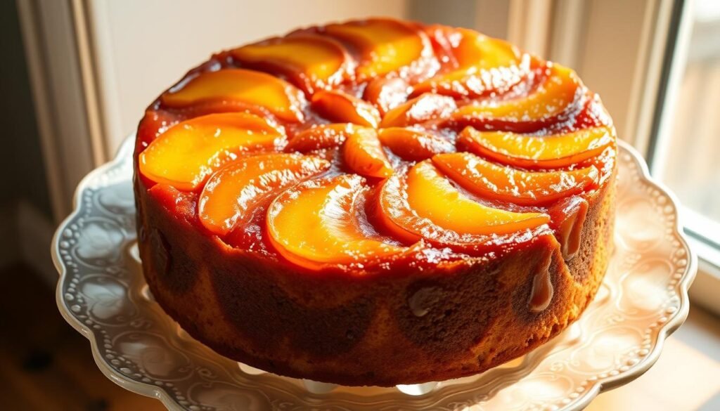 A golden-brown upside down cake, freshly baked, rests on a vintage cake stand. Luscious canned peach slices form a glistening pattern on the top, caramelized to a rich amber hue. Soft natural light filters through a nearby window, casting a warm glow on the scene. The cake's moist crumb and flaky crust are visible, inviting a closer look. Elegant yet homey, this tempting dessert showcases the versatility of canned peaches, elevating them into a decadent treat worthy of any special occasion.