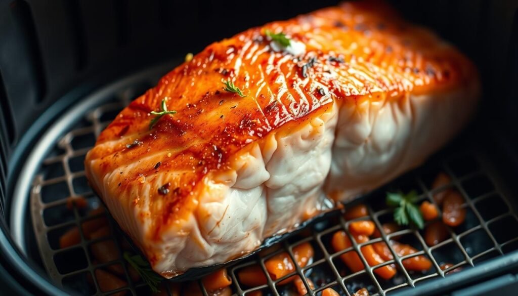 A juicy, pan-seared salmon fillet, its crisp, golden-brown skin glistening under warm, directional lighting. The fish rests atop a sleek, modern air fryer basket, showcasing its perfect air-fried texture. The background is softly blurred, allowing the salmon to take center stage, its vibrant pink hues and delicate flakes accentuated by strategic camera angles. Hints of lemon zest, fresh dill, and a light dusting of sea salt add depth and complexity to the savory, seasoned presentation. An aspirational, appetizing image that embodies the essential techniques for mastering air fryer salmon.