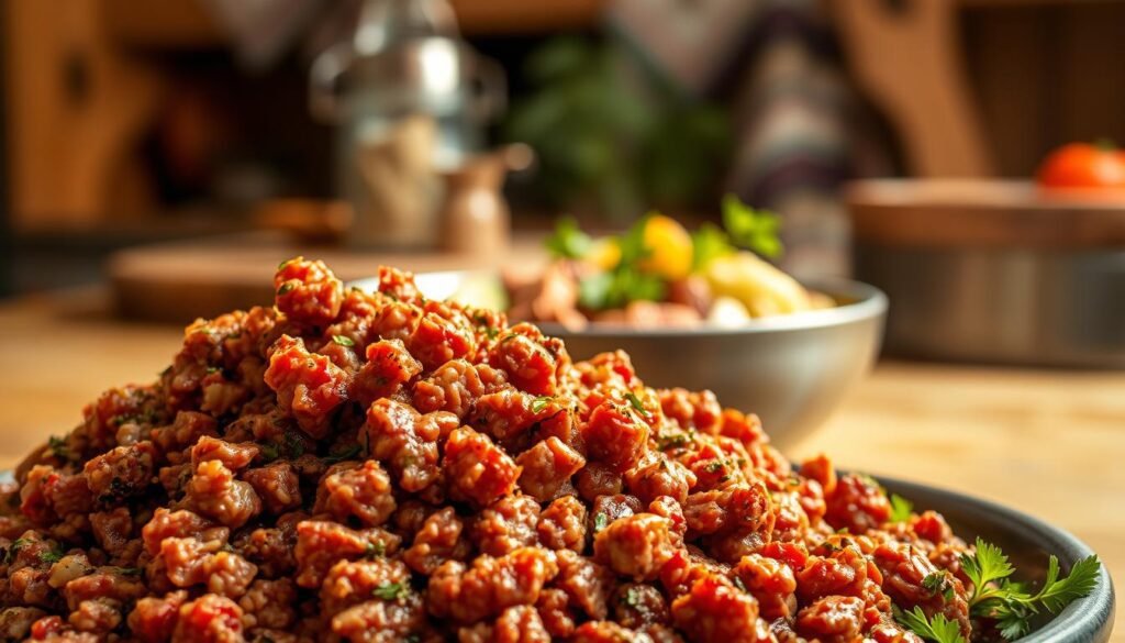 A juicy, sizzling pile of ground beef sits in the foreground, filling the frame with its rich, earthy hues. Expertly seasoned with a blend of aromatic spices, the meat glistens under warm, natural lighting, hinting at its tenderness and flavor. In the middle ground, a simple, one-pot dish comes into focus, showcasing the versatility of this humble ingredient. Steaming vegetables and fragrant herbs surround the beef, creating a harmonious and hearty composition. The background fades into a cozy, home-style kitchen setting, complete with wooden accents and a subtle, inviting atmosphere, emphasizing the comforting, satisfying nature of this one-pot protein-packed meal. A juicy, sizzling pile of ground beef sits in the foreground, filling the frame with its rich, earthy hues. Expertly seasoned with a blend of aromatic spices, the meat glistens under warm, natural lighting, hinting at its tenderness and flavor. In the middle ground, a simple, one-pot dish comes into focus, showcasing the versatility of this humble ingredient. Steaming vegetables and fragrant herbs surround the beef, creating a harmonious and hearty composition. The background fades into a cozy, home-style kitchen setting, complete with wooden accents and a subtle, inviting atmosphere, emphasizing the comforting, satisfying nature of this one-pot protein-packed meal.