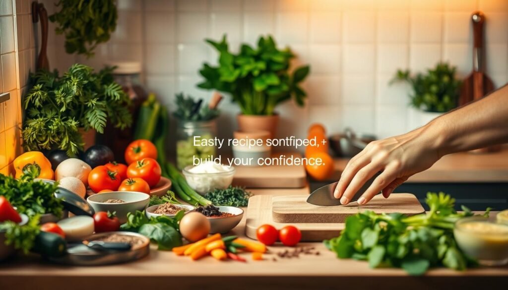 A kitchen counter filled with a variety of fresh, natural ingredients - vibrant vegetables, herbs, spices, and simple cooking tools. Warm, diffused lighting illuminates the scene, creating a cozy, inviting atmosphere. In the foreground, a chef's hands skillfully chop and prepare the ingredients, demonstrating easy, straightforward cooking techniques. The middle ground showcases a few basic recipe steps or tips, visually guiding the viewer towards building confidence in the kitchen. The background features a clean, minimalist design, allowing the focus to remain on the cooking process and natural elements. An overall tone of simplicity, approachability, and culinary inspiration.