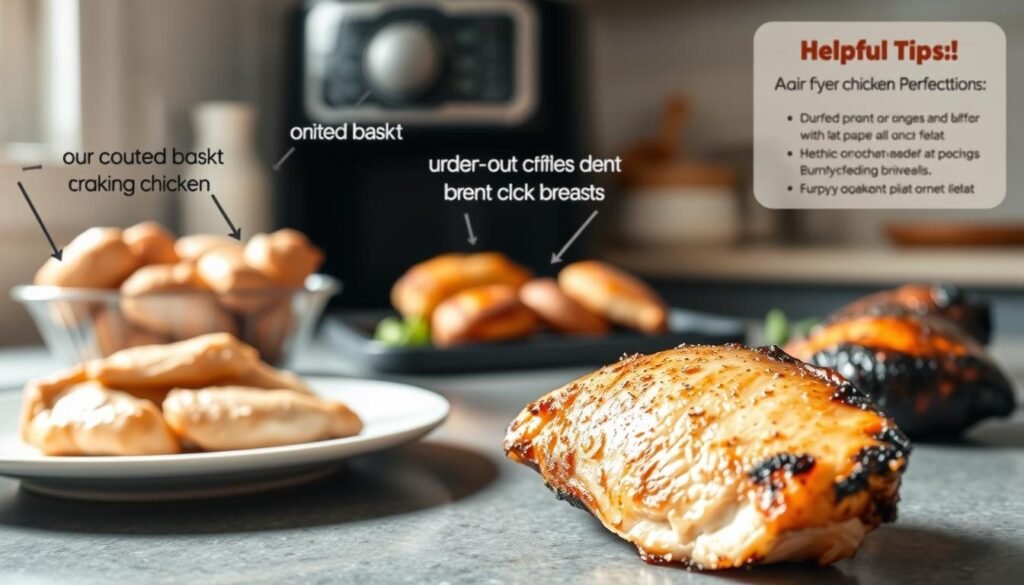 A kitchen counter with a variety of common air fryer cooking mistakes, such as overcrowded basket, undercooked chicken, dried-out breasts, and burnt edges. In the foreground, a close-up of a perfectly cooked, juicy chicken breast, showcasing the desired results. Soft, natural lighting illuminates the scene, creating a warm and appetizing atmosphere. The background features a subtle, blurred illustration of helpful tips and techniques to avoid these pitfalls, guiding the viewer towards air fryer chicken perfection.