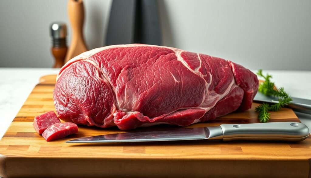 A large, perfectly trimmed beef tenderloin rests on a rustic wooden cutting board, surrounded by professional-grade kitchen tools. The meat is showcased in a clean, well-lit studio setting, with soft, directional lighting accentuating its tender, vibrant red interior and glistening exterior. The composition features a detailed step-by-step guide, demonstrating the intricate process of preparing this premium cut - from removing the silver skin to tying the roast for an even cook. The overall mood is one of culinary mastery, inviting the viewer to explore the art of cooking this exquisite, restaurant-quality ingredient. A large, perfectly trimmed beef tenderloin rests on a rustic wooden cutting board, surrounded by professional-grade kitchen tools. The meat is showcased in a clean, well-lit studio setting, with soft, directional lighting accentuating its tender, vibrant red interior and glistening exterior. The composition features a detailed step-by-step guide, demonstrating the intricate process of preparing this premium cut - from removing the silver skin to tying the roast for an even cook. The overall mood is one of culinary mastery, inviting the viewer to explore the art of cooking this exquisite, restaurant-quality ingredient.