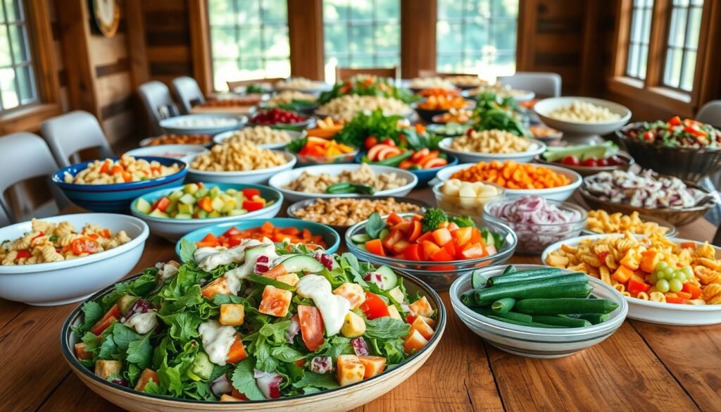 A large, rustic wooden table showcases an abundance of classic potluck salad recipes. In the foreground, a vibrant mixed green salad is tossed with a creamy dressing, surrounded by an array of colorful bowls brimming with pasta salad, potato salad, and a variety of fresh vegetable medleys. The middle ground features platters of juicy tomatoes, crisp cucumbers, and tangy pickled onions, while the background is filled with natural light filtering through large windows, casting a warm, inviting glow over the spread. The overall scene exudes a sense of community, comfort, and a celebration of summer's bounty.