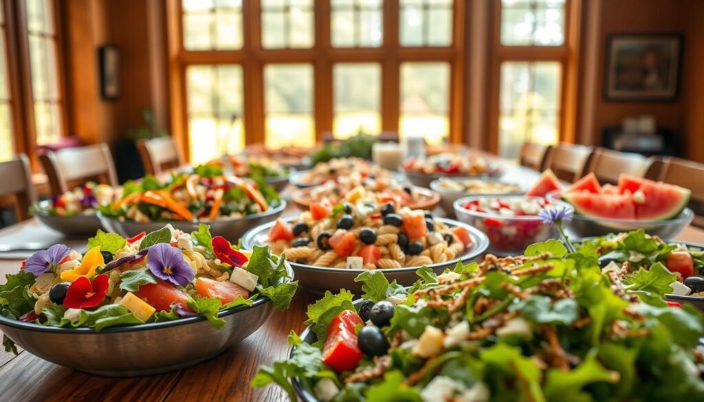 A large wooden table set with an assortment of crowd-pleasing salads, bathed in warm, natural light filtering through tall windows. In the foreground, a vibrant green salad with crisp vegetables and a creamy dressing, garnished with edible flowers. On the middle plane, a hearty pasta salad with colorful bell peppers, olives, and a zesty vinaigrette. In the background, a refreshing watermelon and feta salad, its juices glistening. The scene exudes a relaxed, summer atmosphere, inviting guests to indulge in a delightful spread of nutritious and visually stunning salads, perfect for large-scale entertaining.