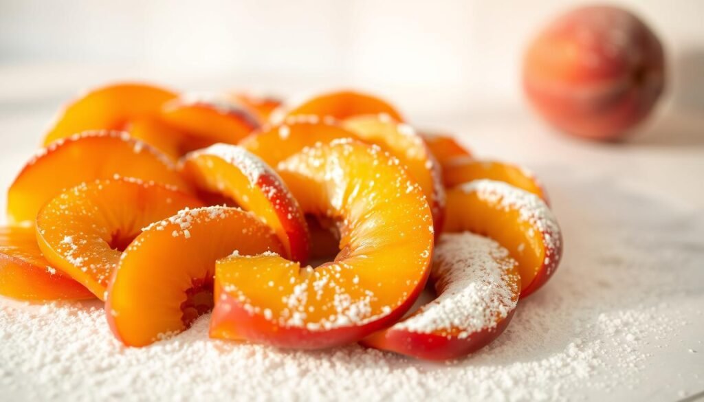 A luscious, glistening peach dessert takes center stage, bathed in warm, golden light and garnished with a dusting of powdered sugar. The peach slices are arranged in an inviting, haphazard pattern, their velvety texture and vibrant orange hue radiating a sense of immediate satisfaction. In the background, a simple, minimalist setting with clean, white surfaces creates a serene and calming atmosphere, allowing the peach dessert to be the undisputed star. The overall composition evokes a feeling of effortless indulgence and the promise of a sweet, fleeting moment of bliss.