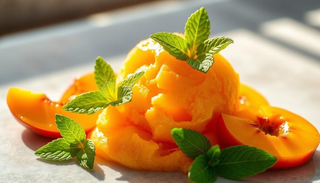 A luscious scoop of freshly churned peach sorbet, its vibrant orange hue glistening under warm afternoon sunlight. Delicate peach slices and fragrant mint leaves artfully arranged around the sorbet, creating a visually striking and mouthwatering composition. The sorbet's creamy, silky texture promises a burst of summer-sweet peach flavor, perfectly balanced by a subtle tartness. Soft shadows and a slightly blurred background emphasize the sorbet as the focal point, inviting the viewer to indulge in this refreshing and light dessert that captures the essence of the season.
