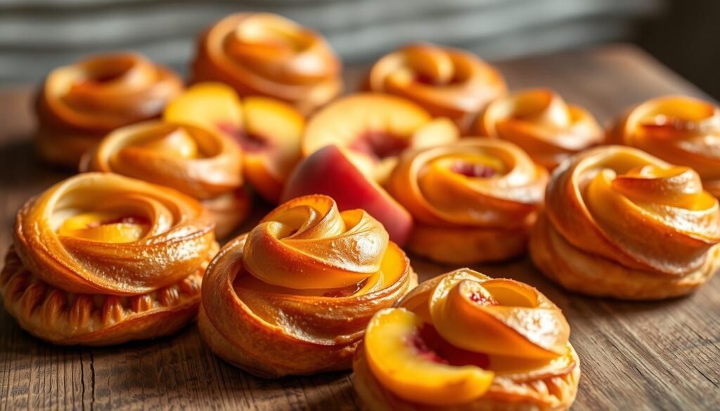 A lush arrangement of bakery-quality peach pastries, meticulously crafted with flaky, golden-brown puff pastry and filled with vibrant, juicy peach slices. The pastries are presented on a rustic wooden surface, bathed in soft, natural lighting that accentuates their delicate textures and sumptuous colors. In the foreground, the pastries are artfully arranged, showcasing their elegant, swirling shapes and glistening glaze. The middle ground features a scattering of fresh peach slices, their velvety skin and succulent flesh providing a tantalizing contrast. The background is softly blurred, allowing the focus to remain on the exquisite pastries, creating a sense of bakery-inspired perfection. A lush arrangement of bakery-quality peach pastries, meticulously crafted with flaky, golden-brown puff pastry and filled with vibrant, juicy peach slices. The pastries are presented on a rustic wooden surface, bathed in soft, natural lighting that accentuates their delicate textures and sumptuous colors. In the foreground, the pastries are artfully arranged, showcasing their elegant, swirling shapes and glistening glaze. The middle ground features a scattering of fresh peach slices, their velvety skin and succulent flesh providing a tantalizing contrast. The background is softly blurred, allowing the focus to remain on the exquisite pastries, creating a sense of bakery-inspired perfection.