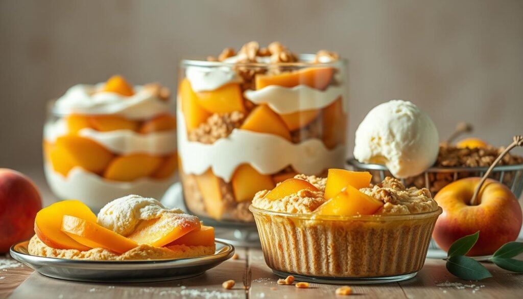 A lush arrangement of classic canned peach desserts, meticulously crafted against a softly blurred background. In the foreground, a delicate peach cobbler with a golden, flaky crust and glistening peach slices. Beside it, a towering trifle featuring layers of fluffy whipped cream, diced peaches, and crumbled sponge cake. In the middle ground, a rustic peach crisp with a crunchy oat topping, complemented by a scoop of creamy vanilla ice cream. The lighting is warm and inviting, casting a gentle glow over the sumptuous desserts. The overall mood is one of timeless elegance and comforting indulgence.