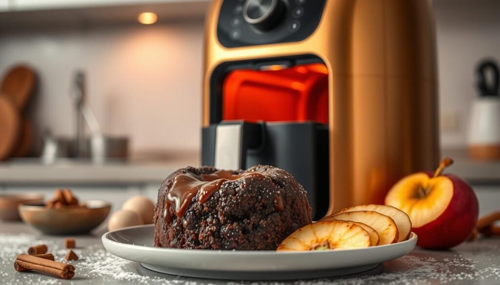 A lush, golden-hued air fryer sits atop a sleek, minimalist kitchen counter, surrounded by an array of enticing dessert ingredients. In the foreground, a freshly baked, gooey chocolate lava cake emerges from the air fryer, its molten center oozing with decadence. Delicate slices of crisp, caramelized apple nestle alongside, their warm, cinnamon-spiced aroma wafting through the air. The soft, ambient lighting casts a cozy, inviting glow, hinting at the sweet, irresistible flavors waiting to be discovered. In the background, a few scattered measuring spoons and a dusting of powdered sugar suggest the careful, scientific precision required to master the art of air fryer desserts.