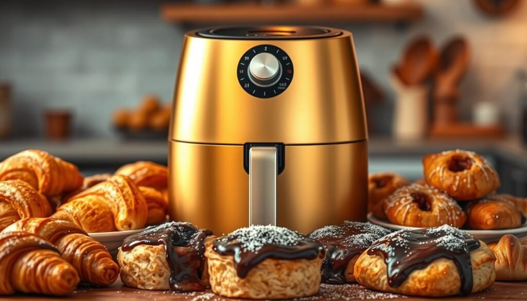 A lush, golden-hued air fryer sits center stage, surrounded by an array of tempting desserts - flaky croissants, gooey chocolate lava cakes, and perfectly crisp apple turnovers. Soft, diffused lighting casts a warm glow, highlighting the intricate textures and rich colors of the pastries. The air fryer's sleek, modern design contrasts beautifully with the sumptuous treats, creating a harmonious and mouthwatering scene. In the background, a hazy, blurred kitchen setting suggests a cozy, homey atmosphere, inviting the viewer to imagine the delightful aromas wafting through the air. This image perfectly captures the notion that an air fryer can be a versatile and indispensable tool for creating decadent, restaurant-quality desserts in the comfort of one's own kitchen.