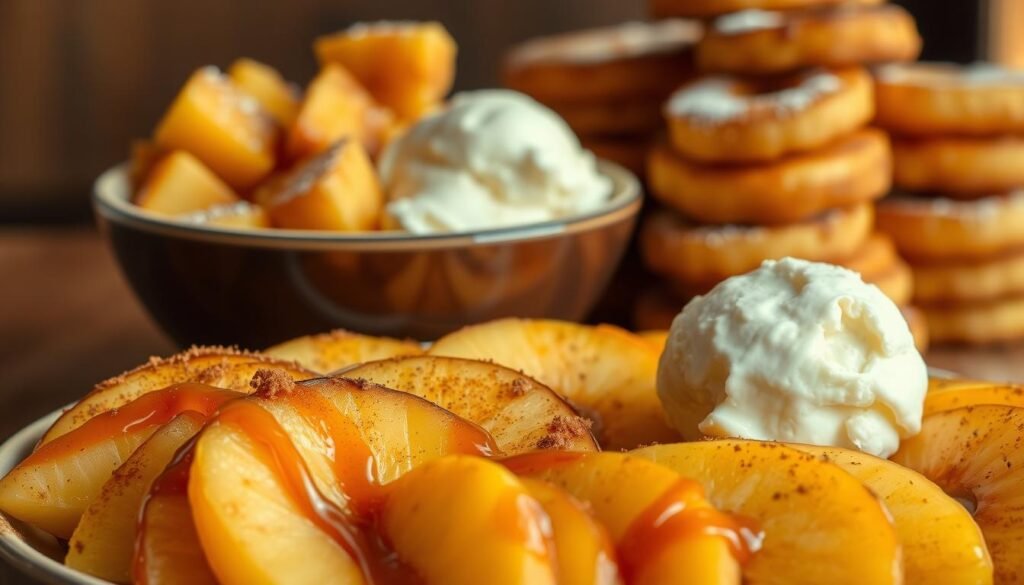 A lush, mouth-watering display of air-fried fruit desserts, bathed in a warm, golden glow. In the foreground, a platter showcases neatly arranged slices of baked apples, drizzled with a glistening caramel sauce and sprinkled with cinnamon. Behind it, a bowl of air-fried pineapple chunks, caramelized to perfection, sits alongside a scoop of creamy vanilla ice cream. In the background, a neatly stacked pile of air-fried banana fritters, dusted with powdered sugar, create a visually enticing composition. The entire scene is captured with a soft, shallow depth of field, emphasizing the inviting textures and flavors of these warm, comforting air fryer fruit desserts.