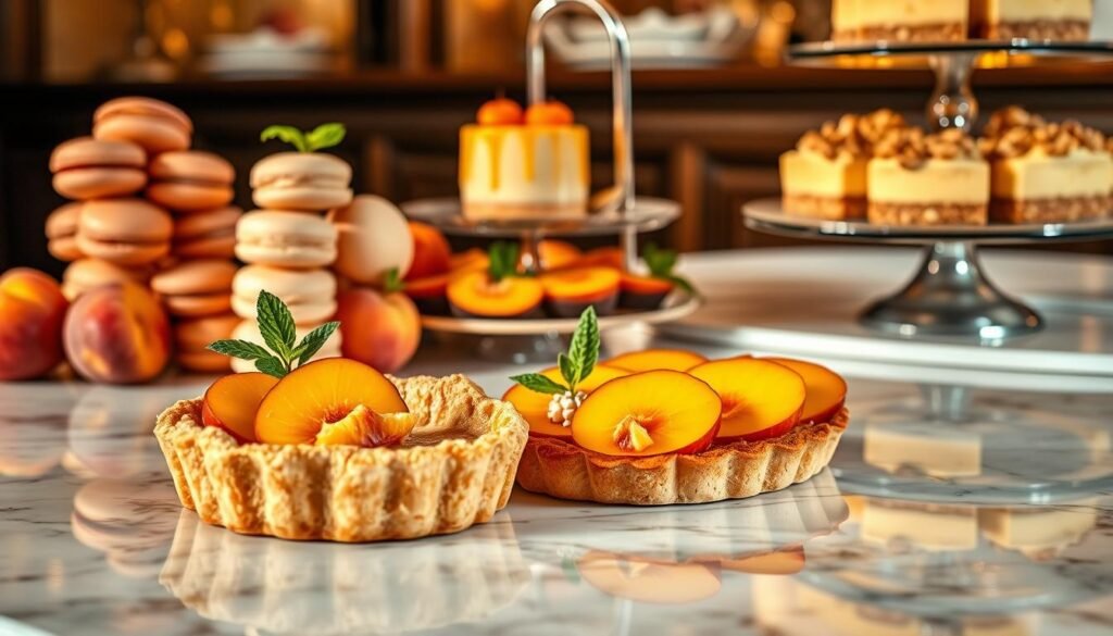 A lush, opulent peach dessert display on a gleaming marble countertop, bathed in warm, golden lighting. In the foreground, a decadent peach tart with a flaky crust and glistening fruit, garnished with fresh mint leaves. Beside it, a tower of delicate peach macarons, their pastel hues complementing the vibrant peach slices. In the middle ground, a creamy peach mousse dessert, its silky texture reflected in the polished surface. In the background, a tiered stand showcases an assortment of other peach-based confections, such as peach cobbler, peach parfaits, and peach crumble bars. The scene exudes an air of elegance and sophistication, perfect for a special event.