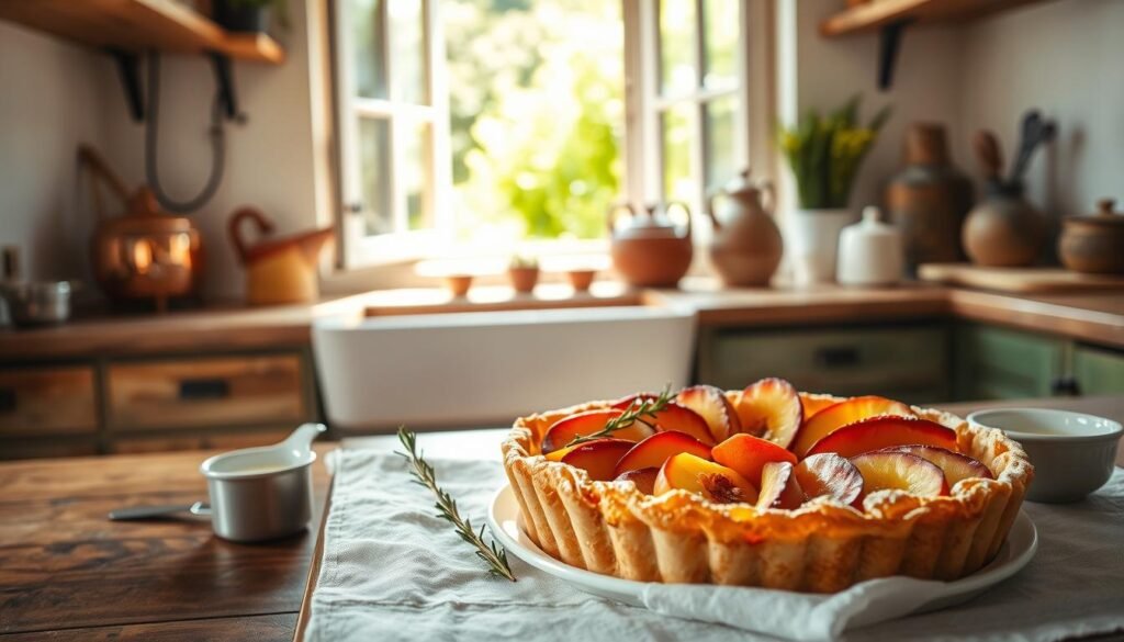 A lush, sun-dappled French kitchen scene. In the foreground, a golden-crusted tart filled with fresh, juicy peach slices, the sweet fruit glistening under a light dusting of powdered sugar. The clafoutis is set upon a crisp white linen, flanked by a delicate sprig of rosemary and a small pitcher of heavy cream. In the middle ground, an open window overlooks a lush, verdant garden, the warm afternoon light streaming in. Antique copper cookware and earthenware vessels populate the rustic wooden countertops, creating a sense of timeless elegance. The overall mood is one of simple refinement, capturing the essence of summer's bounty in an impeccably presented French dessert.