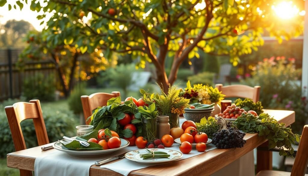 A lush, sun-dappled backyard garden with an elegant wooden dining table set for a fresh, seasonal dinner. The table is laid with a crisp white tablecloth, hand-painted ceramic plates, and an abundant display of just-harvested produce - vibrant tomatoes, leafy greens, juicy berries, and fragrant herbs. A light breeze ruffles the leaves of the fruit trees in the background, and the warm glow of a setting sun filters through the branches, casting a soft, golden light across the scene. The mood is one of simple, rustic charm - a celebration of the bounty of the summer harvest and the pleasure of dining al fresco. A lush, sun-dappled backyard garden with an elegant wooden dining table set for a fresh, seasonal dinner. The table is laid with a crisp white tablecloth, hand-painted ceramic plates, and an abundant display of just-harvested produce - vibrant tomatoes, leafy greens, juicy berries, and fragrant herbs. A light breeze ruffles the leaves of the fruit trees in the background, and the warm glow of a setting sun filters through the branches, casting a soft, golden light across the scene. The mood is one of simple, rustic charm - a celebration of the bounty of the summer harvest and the pleasure of dining al fresco.