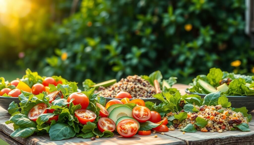 A lush, sun-dappled outdoor scene showcasing an array of vibrant, fresh summer salads arranged on a rustic wooden table. In the foreground, an assortment of leafy greens, juicy tomatoes, crisp cucumbers, and colorful bell peppers are artfully combined, drizzled with a light, omega-3-rich dressing. In the middle ground, additional salad ingredients like avocado, quinoa, and lentils are nestled among the greens, creating a visually appealing and nutritionally balanced composition. The background features a verdant, out-of-focus garden setting, with lush foliage and a warm, golden afternoon light filtering through. The overall mood is one of health, vitality, and the bounty of the summer season. A lush, sun-dappled outdoor scene showcasing an array of vibrant, fresh summer salads arranged on a rustic wooden table. In the foreground, an assortment of leafy greens, juicy tomatoes, crisp cucumbers, and colorful bell peppers are artfully combined, drizzled with a light, omega-3-rich dressing. In the middle ground, additional salad ingredients like avocado, quinoa, and lentils are nestled among the greens, creating a visually appealing and nutritionally balanced composition. The background features a verdant, out-of-focus garden setting, with lush foliage and a warm, golden afternoon light filtering through. The overall mood is one of health, vitality, and the bounty of the summer season.