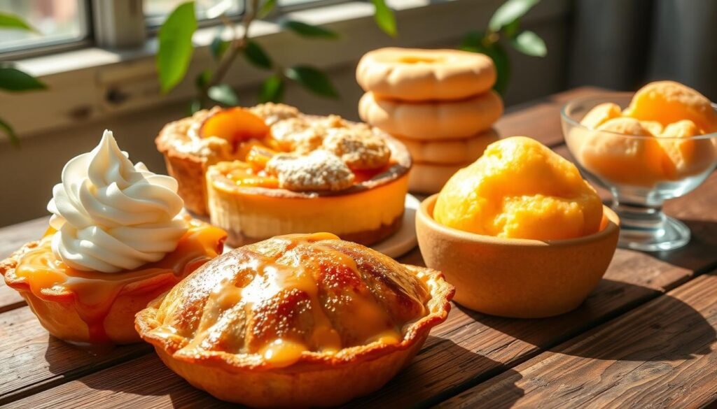 A lush, sun-dappled scene of five mouthwatering peach desserts on a rustic wooden table. In the foreground, a flaky peach hand pie drizzled with caramel, its golden crust glistening. To the side, a creamy peach cheesecake slice with a swirl of fresh whipped cream. In the middle, a peach cobbler bubbling with juicy fruit and a buttery, crumbly topping. Behind it, a stack of soft, pillowy peach shortcake biscuits, their surfaces dusted with powdered sugar. And in the back, a refreshing peach sorbet in a delicate glass bowl, its vibrant orange hue catching the warm, natural light. The overall scene evokes a sense of rustic elegance and mouthwatering indulgence.