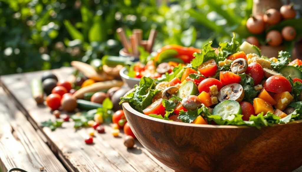 A lush, sun-dappled scene of vibrant, peak-season salads overflowing with an abundant harvest. In the foreground, a large wooden bowl brimming with crisp greens, juicy tomatoes, crunchy cucumbers, and colorful bell peppers, drizzled with a light, tangy vinaigrette. In the middle ground, a scattering of seasonal produce - ripe avocados, sweet corn kernels, earthy mushrooms, and fragrant herbs - artfully arranged. The background reveals a rustic, weathered table surrounded by verdant foliage, hinting at a tranquil outdoor setting perfect for savoring the flavors of summer. Soft, warm lighting casts a gentle glow, creating an inviting, celebratory atmosphere.