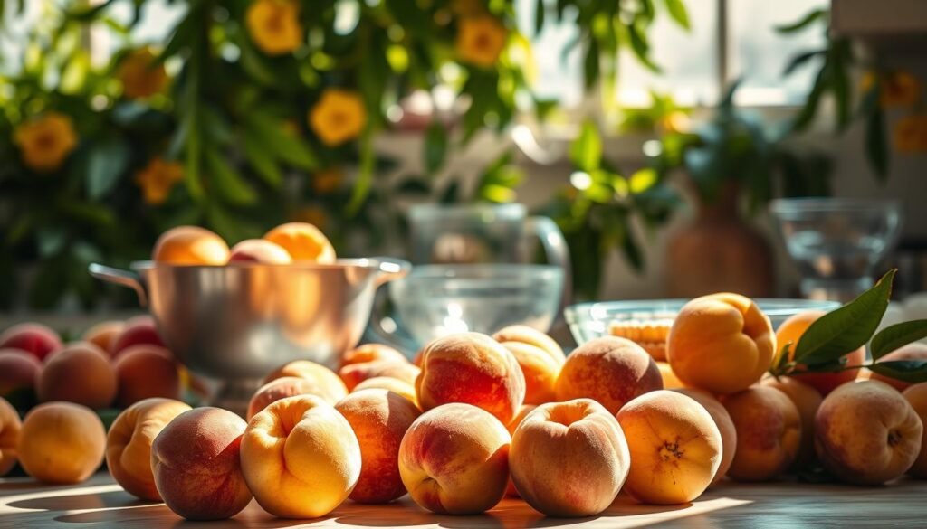 A lush, sun-drenched kitchen counter overflows with the bounty of freshly-picked, juicy peaches. In the foreground, a selection of ripe, golden-hued fruit glistens under soft, diffused lighting, their fuzzy skins and voluptuous curves beckoning to be transformed into decadent desserts. In the middle ground, a vintage mixing bowl and elegant glass baking dishes stand ready, awaiting the chef's inspired touch. The background features a tapestry of natural greenery, casting a tranquil, organic ambiance over the scene. Warm, earthy tones and a sense of rustic elegance permeate the composition, evoking the essence of summer's sweetest flavors.