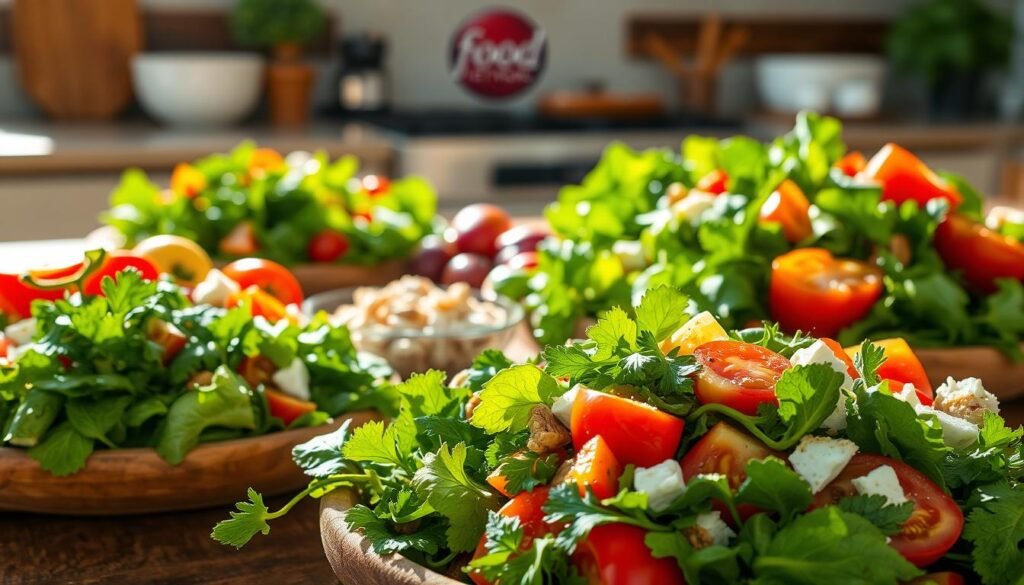A lush, sun-drenched scene of fresh summer salads showcased on a rustic wooden table. In the foreground, an array of vibrant greens, juicy tomatoes, crisp cucumbers, and colorful bell peppers. Garnished with fragrant herbs and drizzled with a light, tangy dressing. In the middle ground, a scattering of toasted nuts and crumbled feta cheese. The background features a softly blurred kitchen counter, with a glimpse of a Food Network logo visible. The lighting is natural and warm, casting a golden glow over the scene. Captured with a wide-angle lens to emphasize the abundance and variety of the summer salads. A lush, sun-drenched scene of fresh summer salads showcased on a rustic wooden table. In the foreground, an array of vibrant greens, juicy tomatoes, crisp cucumbers, and colorful bell peppers. Garnished with fragrant herbs and drizzled with a light, tangy dressing. In the middle ground, a scattering of toasted nuts and crumbled feta cheese. The background features a softly blurred kitchen counter, with a glimpse of a Food Network logo visible. The lighting is natural and warm, casting a golden glow over the scene. Captured with a wide-angle lens to emphasize the abundance and variety of the summer salads.