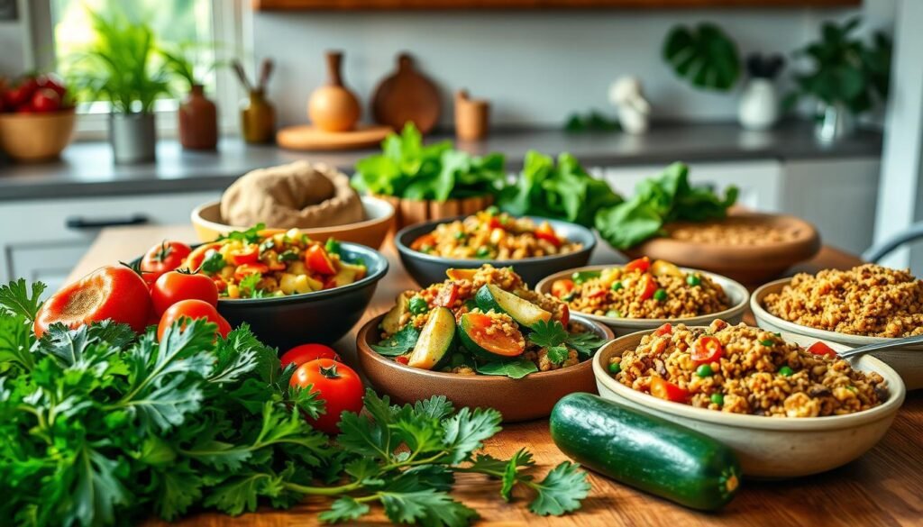 A lush, vibrant scene of easy veggie dinners unfolds before us. In the foreground, a bountiful display of fresh produce - crisp kale, juicy tomatoes, and tender zucchini. A warm, rustic wooden table serves as the stage, bathed in the soft glow of natural lighting. In the middle ground, a variety of simple, yet delectable plant-based dishes come to life - a hearty vegetable stir-fry, a comforting lentil and quinoa casserole, and a colorful seasonal salad. The background hints at a cozy, inviting kitchen, with clean lines and a touch of greenery, creating a serene and nurturing atmosphere. The overall mood is one of effortless abundance, where wholesome, meatless meals are celebrated with ease and delight.