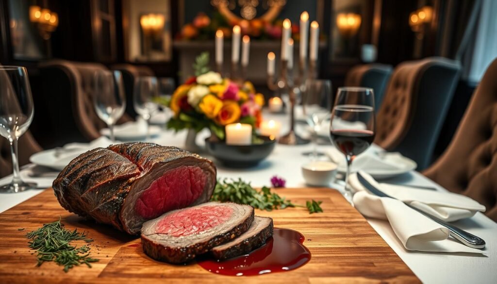 A luxurious and meticulously planned beef tenderloin menu for a special occasion. In the foreground, a tender, succulent beef tenderloin roast, perfectly seared and glistening, resting on a wooden cutting board. Surrounding it, an assortment of freshly chopped herbs, aromatic spices, and a decadent red wine reduction sauce. In the middle ground, an elegant table setting with fine china, crystal glassware, and pristine white linen napkins. A centerpiece of seasonal flowers and candlesticks casts a warm, ambient glow. In the background, a refined, dimly lit dining room with plush, high-backed chairs and a cozy fireplace, creating an intimate, exclusive atmosphere. Lighting is soft and flattering, with a focus on highlighting the textures and colors of the tenderloin and its accompaniments. A luxurious and meticulously planned beef tenderloin menu for a special occasion. In the foreground, a tender, succulent beef tenderloin roast, perfectly seared and glistening, resting on a wooden cutting board. Surrounding it, an assortment of freshly chopped herbs, aromatic spices, and a decadent red wine reduction sauce. In the middle ground, an elegant table setting with fine china, crystal glassware, and pristine white linen napkins. A centerpiece of seasonal flowers and candlesticks casts a warm, ambient glow. In the background, a refined, dimly lit dining room with plush, high-backed chairs and a cozy fireplace, creating an intimate, exclusive atmosphere. Lighting is soft and flattering, with a focus on highlighting the textures and colors of the tenderloin and its accompaniments.