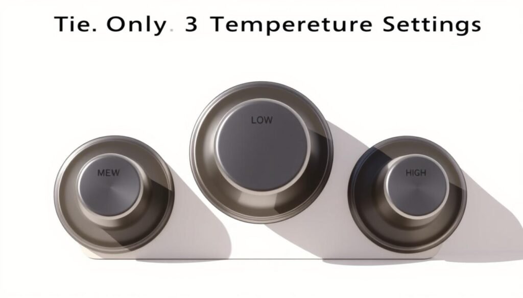 A modern, minimalist illustration depicting "The Only 3 Temperature Settings You'll Ever Need" for air frying. In the foreground, three sleek, glossy knobs representing the temperature settings - low, medium, and high - are arranged in a row against a clean, off-white background. The knobs have a subtle metallic sheen, casting soft reflections. The middle knob is slightly larger, indicating the most commonly used "medium" setting. Diffused, natural lighting creates gentle shadows and highlights the simplicity and functionality of the design. The overall mood is one of effortless, efficient cooking - a visual representation of the "Air Fryer Basics" section of the article.