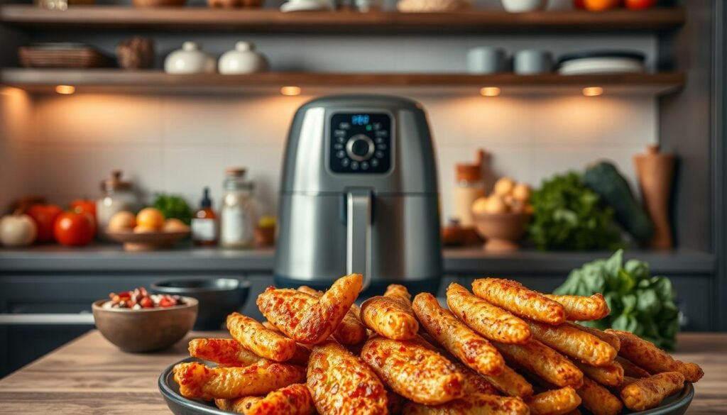 A modern, minimalist kitchen setting with a sleek air fryer prominently displayed on the countertop. Surrounding it are various healthy, low-calorie ingredients like fresh vegetables, lean proteins, and spices. The lighting is soft and warm, creating a cozy, inviting atmosphere. In the foreground, a selection of delectable, golden-brown air-fried dishes are artfully arranged, showcasing their mouthwatering texture and vibrant colors. The overall scene conveys a sense of wellness, energy, and the transformative power of healthy air fryer recipes.
