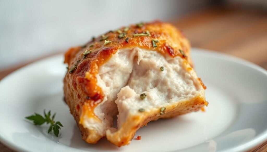 A mouth-watering close-up of a juicy air-fried chicken breast, seasoned with fragrant herbs and garlic. The golden-brown skin glistens under soft, natural lighting, revealing a tender, succulent interior. The chicken is artfully arranged on a simple white plate, highlighting its simple yet delectable presentation. The background is blurred, keeping the focus on the star of the dish. Captured with a shallow depth of field and a warm, inviting color palette, this image perfectly captures the essence of a classic, flavor-packed air fryer chicken recipe.