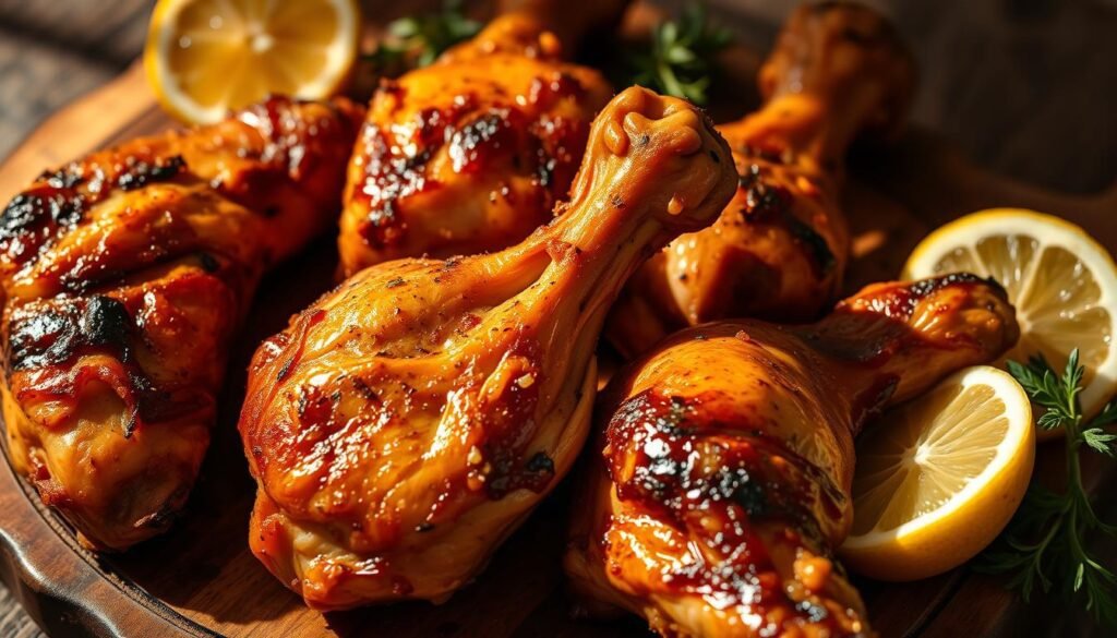 A mouth-watering close-up of perfectly seasoned air fryer chicken thighs and drumsticks, the skin deliciously crisp and golden brown. The juicy meat glistens under warm, directional lighting, casting dramatic shadows that accentuate the succulent textures. The chicken is arranged artfully on a rustic wooden serving board, surrounded by fresh lemon wedges and sprigs of fragrant herbs. The scene evokes the comforting aroma of a home-cooked meal, inviting the viewer to imagine the satisfying crunch and tender flavor of these irresistible air fryer chicken pieces.