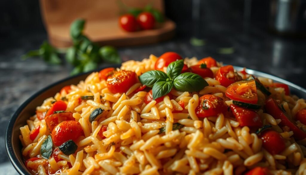 A mouth-watering one-pot orzo dish, filled with a vibrant medley of roasted vegetables. In the foreground, a tangle of tender orzo pasta, tossed with sautéed zucchini, bell peppers, and cherry tomatoes, their juices mingling to create a creamy, flavorful sauce. The middle ground features a scattering of fresh basil leaves, their verdant hues adding a pop of freshness. In the background, a dimly lit kitchen counter, with a wooden cutting board and a few stray herbs, sets a cozy, homemade atmosphere. Soft, warm lighting casts a gentle glow over the scene, highlighting the dish's rich, comforting textures and inviting the viewer to dive in and savor every bite.