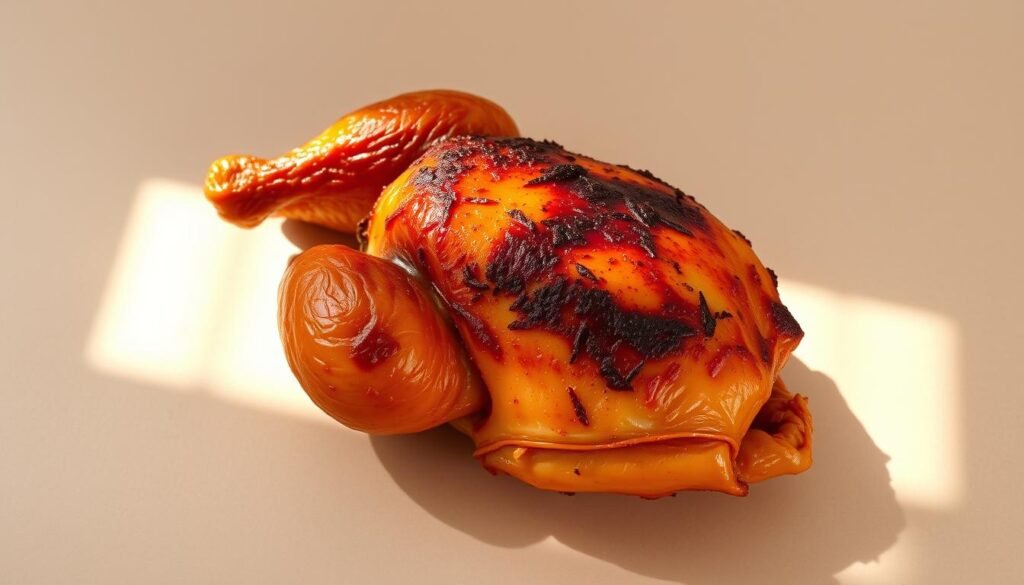 A mouthwatering air fryer chicken, its golden-brown skin glistening with juices, rests on a neutral-toned background. The chicken is positioned in the center, filling the frame, with a slight angle to showcase its crispy texture and succulent interior. Soft, natural lighting from the side creates dimensional shadows, highlighting the chicken's curves and contours. The scene exudes a cozy, inviting atmosphere, making the viewer eager to savor every bite of this perfectly cooked poultry masterpiece.