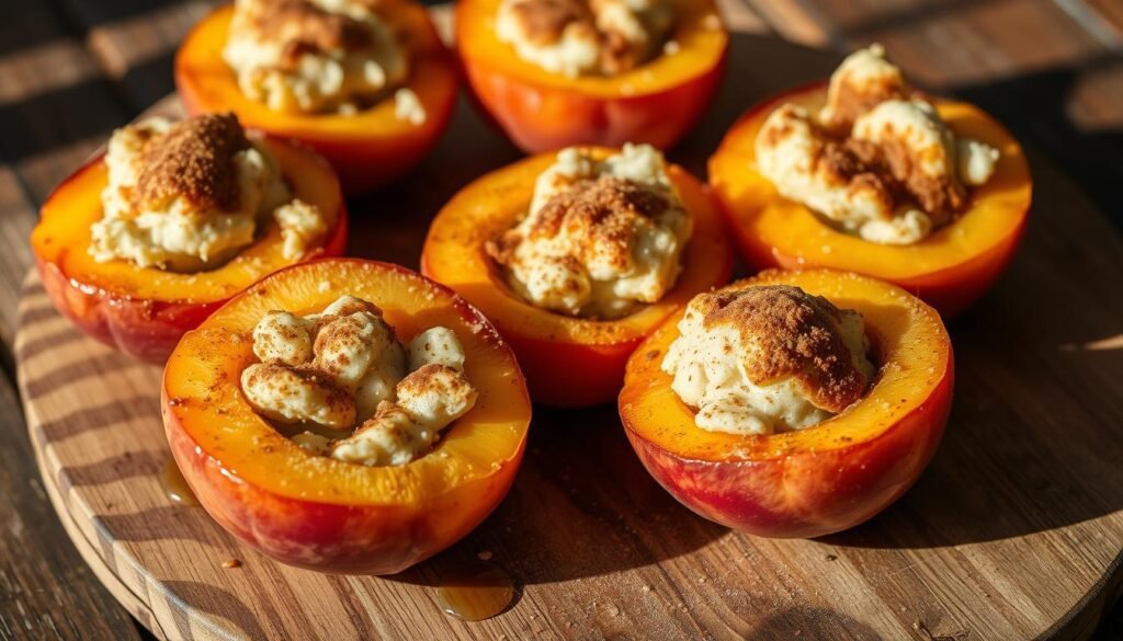 A mouthwatering arrangement of freshly baked, golden-crusted stuffed peaches, nestled on a rustic wooden table. The peaches are halved, their centers delicately filled with a decadent, creamy cheese-based stuffing, adorned with a dusting of cinnamon and a drizzle of honey. Soft natural lighting casts a warm glow, highlighting the juicy, ripe texture of the peaches and the inviting, homemade aesthetic. The scene evokes the essence of summer's bounty, capturing the joy of showcasing nature's seasonal delights in a visually captivating and appetizing manner. A mouthwatering arrangement of freshly baked, golden-crusted stuffed peaches, nestled on a rustic wooden table. The peaches are halved, their centers delicately filled with a decadent, creamy cheese-based stuffing, adorned with a dusting of cinnamon and a drizzle of honey. Soft natural lighting casts a warm glow, highlighting the juicy, ripe texture of the peaches and the inviting, homemade aesthetic. The scene evokes the essence of summer's bounty, capturing the joy of showcasing nature's seasonal delights in a visually captivating and appetizing manner.