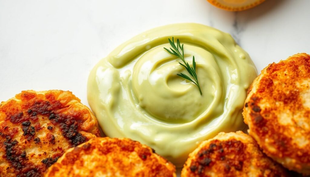 A mouthwatering close-up of air-fried salmon patties nestled on a bed of lush, creamy avocado mayonnaise. The salmon burgers are perfectly golden-brown, their crispy exteriors contrasting with the tender, flavorful interiors. Subtle hints of lemon and dill accentuate the natural sweetness of the fish. The avocado mayo, rich and silky, provides a luscious counterpoint, with just a touch of tanginess. Arranged on a clean, minimalist background, the arrangement showcases the dish's vibrant colors and textures, drawing the viewer's eye to the delectable details. Soft, directional lighting casts gentle shadows, lending depth and dimension to the composition. An inviting, mouthwatering scene that captures the essence of creative salmon air fryer innovation.