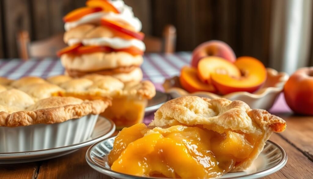 A mouthwatering display of classic peach desserts set against a warm, inviting backdrop. In the foreground, a delectable peach cobbler with a golden, flaky crust and juicy, caramelized peach filling. Beside it, a slice of decadent peach pie, the crust flawlessly crimped, the fruit glistening. In the middle ground, a tower of fluffy peach shortcake, the sweet biscuits layered with fresh peach slices and whipped cream. In the background, a vintage wooden table with a checkered tablecloth, hinting at the homemade, nostalgic vibe. Soft, natural lighting bathes the scene, creating a cozy, inviting atmosphere. The overall impression is one of timeless, comforting peach dessert perfection.