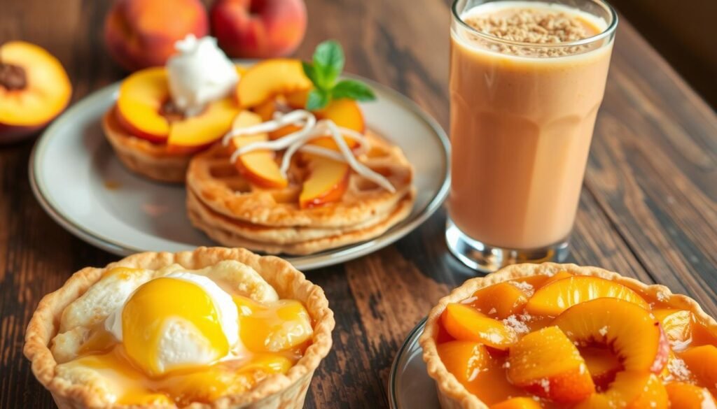 A mouthwatering display of delectable peach desserts, artfully arranged on a rustic wooden table. In the foreground, a fresh peach cobbler with a golden, flaky crust and a scoop of creamy vanilla ice cream melting over the top. Beside it, a delicate peach tart with a lattice pastry lid, its juicy fruit filling glistening under soft, diffused lighting. In the middle ground, a stack of fluffy peach pancakes drizzled with sweet peach syrup, garnished with sliced peaches and a sprig of mint. In the background, a peach smoothie in a tall glass, its vibrant orange-pink hue complemented by a sprinkling of crushed graham cracker crumbs. The scene exudes a warm, homey atmosphere, inviting the viewer to indulge in these easy, irresistible peach desserts.