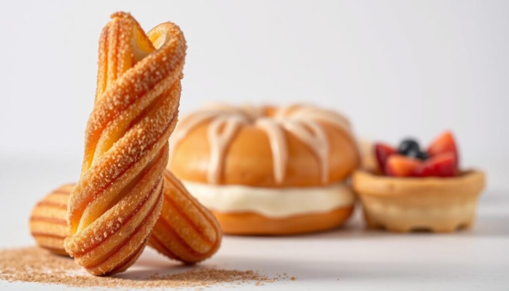 A mouthwatering display of three decadent air fryer desserts, arranged artfully against a clean, minimalist background. In the foreground, a piping hot churro-style pastry, dusted with cinnamon sugar, tempting the viewer. In the middle ground, a fluffy baked donut, drizzled with a glistening glaze. In the background, a delicate miniature fruit tart, its golden crust and vibrant berry filling glistening under soft, warm lighting. The scene is captured with a crisp, high-resolution lens, creating a sense of depth and inviting the viewer to imagine the irresistible flavors and textures of these easy, air-fried treats. A mouthwatering display of three decadent air fryer desserts, arranged artfully against a clean, minimalist background. In the foreground, a piping hot churro-style pastry, dusted with cinnamon sugar, tempting the viewer. In the middle ground, a fluffy baked donut, drizzled with a glistening glaze. In the background, a delicate miniature fruit tart, its golden crust and vibrant berry filling glistening under soft, warm lighting. The scene is captured with a crisp, high-resolution lens, creating a sense of depth and inviting the viewer to imagine the irresistible flavors and textures of these easy, air-fried treats.