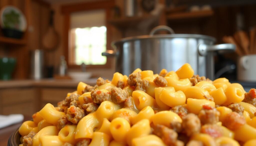 A mouthwatering one-pot ground beef mac and cheese, simmered to creamy perfection. In the foreground, a hearty serving of the dish, the ground beef and macaroni noodles enveloped in a rich, velvety cheese sauce. The middle ground reveals the pot on the stovetop, steam gently rising, while the background showcases a cozy, rustic kitchen setting with natural lighting filtering through the windows, creating a warm, inviting atmosphere. The image exudes comfort, homemade goodness, and the satisfying essence of a classic, family-favorite meal. A mouthwatering one-pot ground beef mac and cheese, simmered to creamy perfection. In the foreground, a hearty serving of the dish, the ground beef and macaroni noodles enveloped in a rich, velvety cheese sauce. The middle ground reveals the pot on the stovetop, steam gently rising, while the background showcases a cozy, rustic kitchen setting with natural lighting filtering through the windows, creating a warm, inviting atmosphere. The image exudes comfort, homemade goodness, and the satisfying essence of a classic, family-favorite meal.