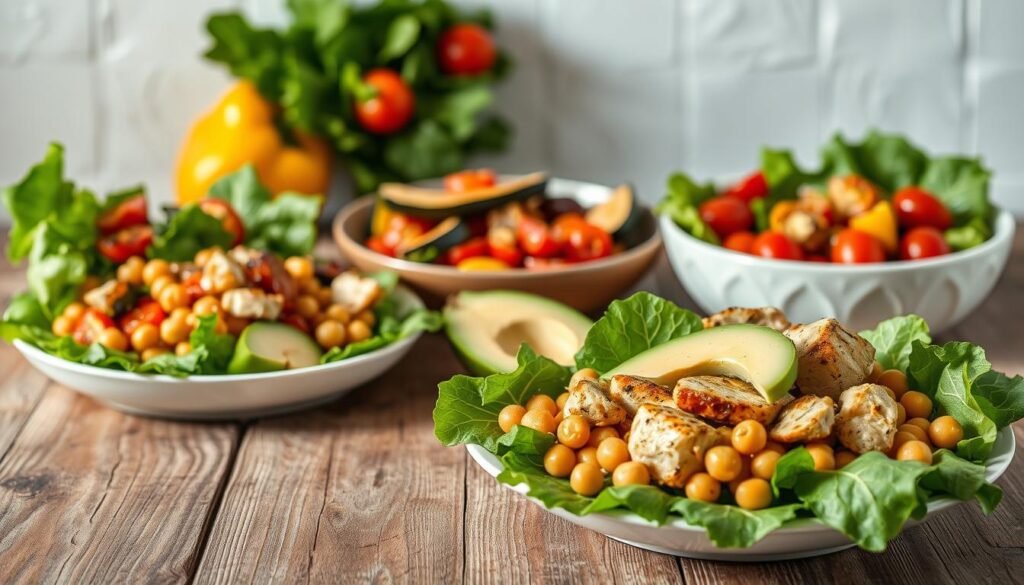 A mouthwatering spread of high-protein summer salads arranged on a rustic wooden table. In the foreground, crisp, vibrant greens are topped with grilled chicken, chickpeas, and sliced avocado. The middle ground features a colorful array of roasted vegetables, including bell peppers, zucchini, and cherry tomatoes. In the background, a minimalist white backdrop highlights the fresh, nourishing ingredients. The scene is illuminated by soft, natural lighting, casting gentle shadows and creating a warm, inviting atmosphere. The overall composition emphasizes the healthiness, simplicity, and visual appeal of these guilt-free, protein-packed summer salad options.