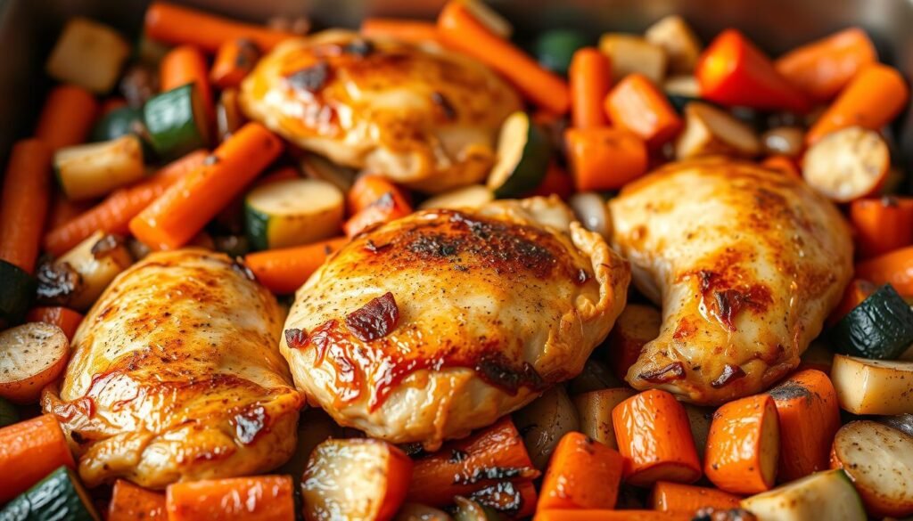 A neatly arranged air fryer dish featuring golden-brown chicken breasts nestled among a vibrant medley of roasted vegetables. The foreground showcases the tender, juicy chicken, its crisp skin glistening under warm lighting. The middle ground is filled with a colorful mix of carrots, zucchini, bell peppers, and onions, their caramelized edges adding depth and texture. The background hints at a simple, minimalist kitchen setting, allowing the delectable dish to take center stage. The overall composition conveys a sense of wholesome, home-cooked goodness, perfectly suited for a satisfying one-pan air fryer dinner.