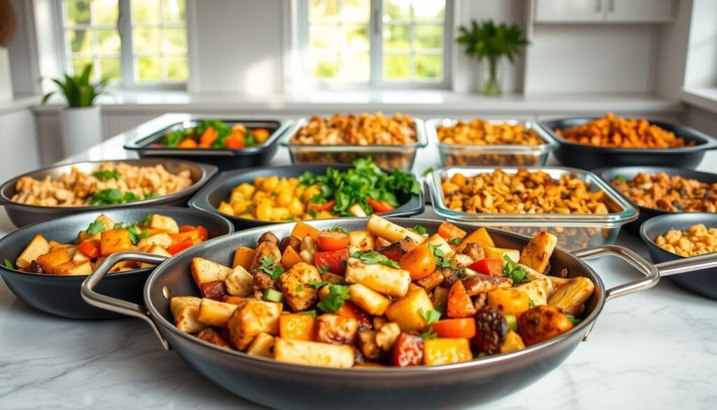 A neatly arranged assortment of various healthy one-pan meals, showcasing a variety of textures and colors. In the foreground, a sizzling pan filled with roasted vegetables, lean protein, and fragrant spices. In the middle ground, a variety of baked dishes, such as a hearty casserole and a vibrant stir-fry, all contained within a single baking dish. The background features a clean, minimalist kitchen setting, with natural lighting streaming in through large windows, casting a warm, inviting glow over the delectable dishes. The overall mood is one of simplicity, nutrition, and culinary delight, perfectly capturing the essence of "One-Pan Healthy Heroes". A neatly arranged assortment of various healthy one-pan meals, showcasing a variety of textures and colors. In the foreground, a sizzling pan filled with roasted vegetables, lean protein, and fragrant spices. In the middle ground, a variety of baked dishes, such as a hearty casserole and a vibrant stir-fry, all contained within a single baking dish. The background features a clean, minimalist kitchen setting, with natural lighting streaming in through large windows, casting a warm, inviting glow over the delectable dishes. The overall mood is one of simplicity, nutrition, and culinary delight, perfectly capturing the essence of "One-Pan Healthy Heroes".