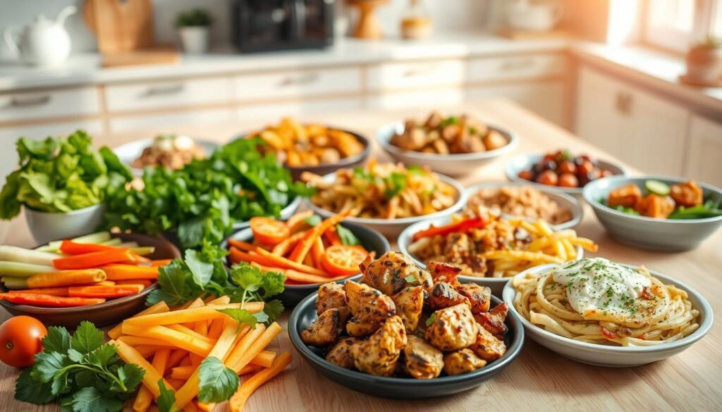 A neatly arranged collection of diverse, mouth-watering air fryer dishes on a light wooden table, bathed in warm, natural lighting. In the foreground, a variety of healthy, vibrant ingredients such as fresh vegetables, lean proteins, and aromatic herbs. In the middle ground, several air-fried meals, each showcasing a unique and delectable presentation, with a focus on balance and nutritional value. The background features a clean, minimalist kitchen setting, hinting at the convenience and simplicity of the air fryer lifestyle. The overall atmosphere exudes a sense of health, wellness, and culinary inspiration, perfectly capturing the essence of a 7-day healthy air fryer meal plan.