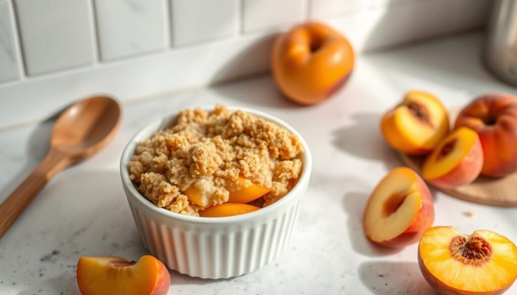 A neatly arranged countertop with a single white ceramic bowl, overflowing with a luscious peach cobbler, its golden-brown crumble topping glistening under warm, natural lighting. Nearby, a wooden spoon and a few fresh peach slices add a rustic, homemade touch. The scene conveys a sense of effortless, minimal-fuss baking, perfect for a cozy, one-bowl peach dessert with easy cleanup.