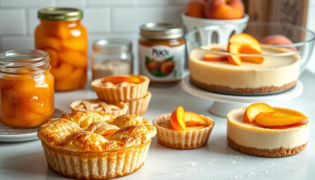 A neatly arranged display of assorted peach-based desserts against a bright, airy kitchen backdrop. In the foreground, a freshly baked peach cobbler, its golden crust glistening under soft, directional lighting. Beside it, a stack of peach tartlets with delicate, latticed tops. In the middle ground, a no-bake peach cheesecake with a smooth, creamy texture, garnished with fresh peach slices. In the background, jars of peach preserves, canned peach halves, and a mixing bowl with a sprinkling of flour, hinting at the effortless preparation. The overall scene conveys a sense of homemade indulgence and approachable sophistication.