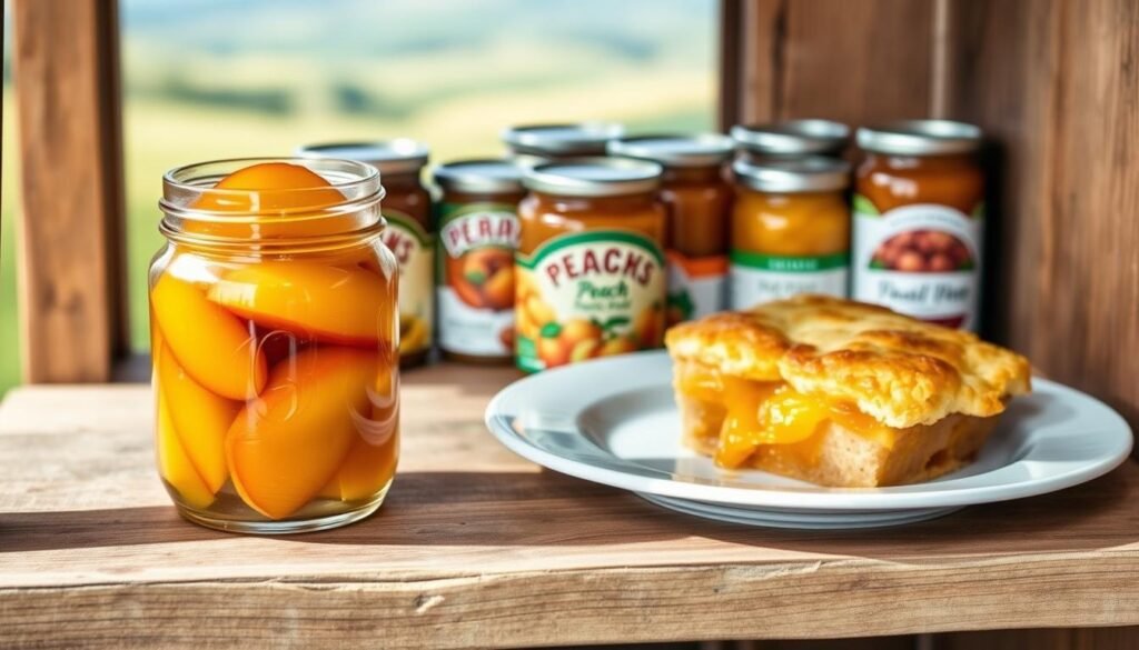 A neatly arranged display of delectable shelf-stable peach desserts on a rustic wooden shelving unit. In the foreground, a glass jar filled with luscious peach halves in a sweet syrup, alongside a plate showcasing a beautifully presented peach cobbler, its golden-brown crust glistening under warm, natural lighting. In the middle ground, a selection of canned peach slices and peach preserves, their vibrant colors and textures contrasting with the weathered wood. The background features a softly blurred landscape, hinting at a cozy, homely atmosphere. The overall scene conveys a sense of timeless comfort and indulgence, inviting the viewer to savor the year-round versatility of these canned peach delights.