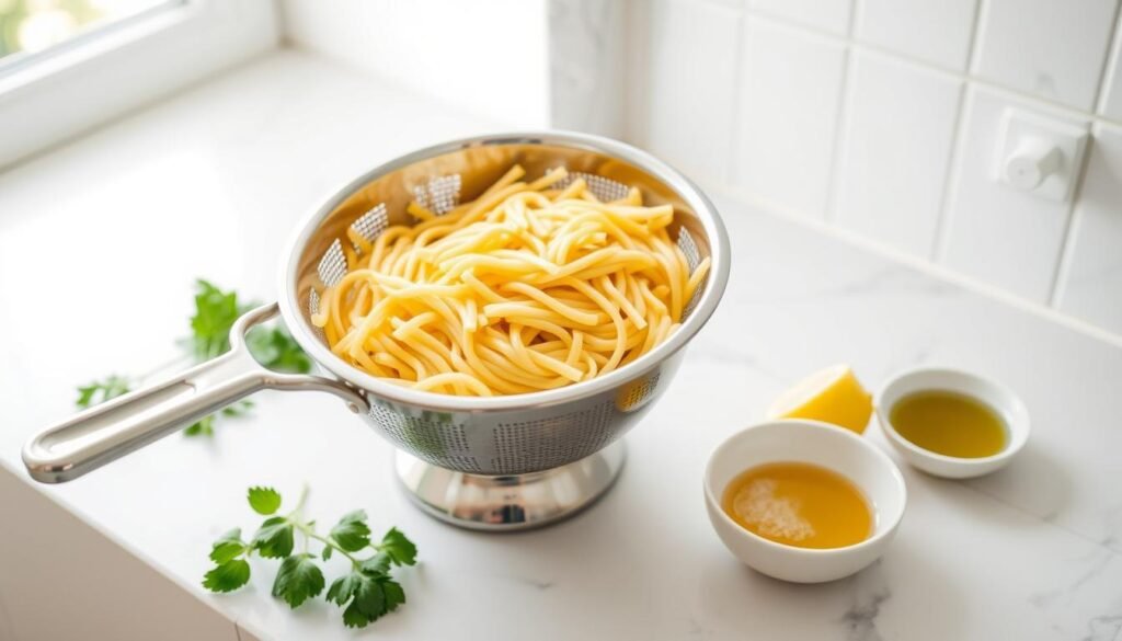 A neatly arranged kitchen counter, illuminated by soft natural light from a nearby window. On the surface, a strainer overflows with perfectly al dente pasta, steam gently rising. Beside it, a selection of fresh herbs, a lemon wedge, and a small bowl of olive oil, signifying the key steps to prevent mushy, overcooked pasta. The scene conveys a sense of culinary expertise and attention to detail, with a focus on the simple yet effective techniques for preserving the texture and flavor of summer pasta salads.