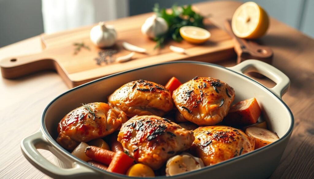 A neatly arranged one-pot chicken dinner scene. In the foreground, a large ceramic baking dish showcases tender, golden-brown chicken thighs, surrounded by a medley of roasted vegetables like carrots, potatoes, and onions. The middle ground features a wooden cutting board with fresh herbs, garlic, and a squeeze of lemon, hinting at the flavors. Soft, warm lighting casts a cozy glow, creating an inviting atmosphere. The background is blurred, placing the focus on the delectable, homemade meal. The overall scene conveys the effortless elegance and simplicity of a comforting one-pot chicken dinner.