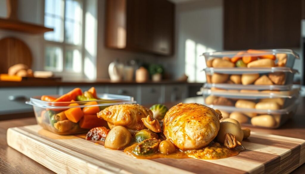 A neatly arranged one-pot chicken meal, presented on a wooden cutting board. In the foreground, juicy, golden-brown chicken thighs simmered in a rich, creamy sauce, surrounded by roasted vegetables like carrots, potatoes, and brussels sprouts. The middle ground showcases a stack of meal prep containers, their lids ajar, revealing the delicious components. The background features a simple, minimalist kitchen setting, with natural light flooding in from a nearby window, casting a warm, inviting glow over the scene. The overall mood is one of effortless, homemade elegance - a complete, balanced meal ready for efficient, healthy meal prepping.