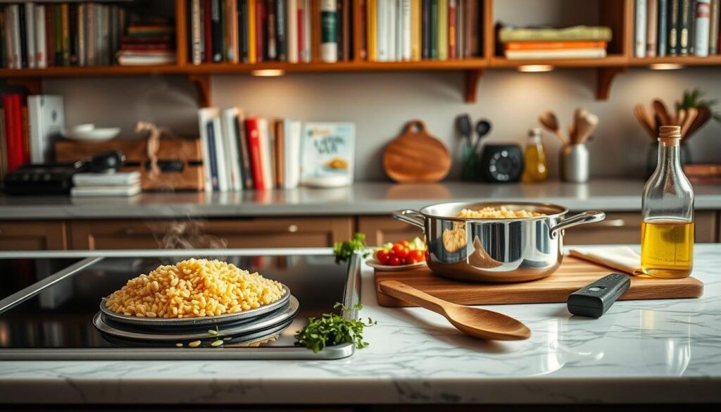 A neatly arranged one-pot kitchen scene, showcasing the process of cooking orzo pasta. In the foreground, a glass-top stove with a silver pot simmering on the burner, steam gently rising. Nearby, a wooden spoon rests beside a pile of fresh herbs. In the middle ground, a marble countertop holds a cutting board with diced vegetables, a bottle of olive oil, and a zester. Soft, warm lighting illuminates the scene, creating a cozy, inviting atmosphere. In the background, shelves display an array of cookbooks and kitchen utensils, hinting at the chef's culinary expertise. The overall composition emphasizes the simplicity and efficiency of one-pot orzo cooking.