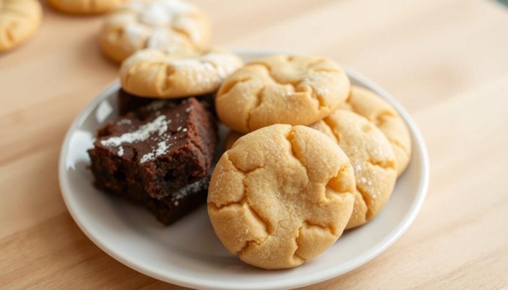 A neatly arranged plate showcases freshly baked air fryer cookies and brownies, their surfaces glistening with a delectable sheen. The cookies, golden-brown and perfectly shaped, nestle alongside rich, fudgy brownies, their tops dusted with a light coating of powdered sugar. Warm lighting casts a soft, inviting glow, highlighting the tempting textures and tantalizing aromas. The scene is captured from a slightly elevated angle, allowing the viewer to fully appreciate the irresistible display of classic air fryer desserts.